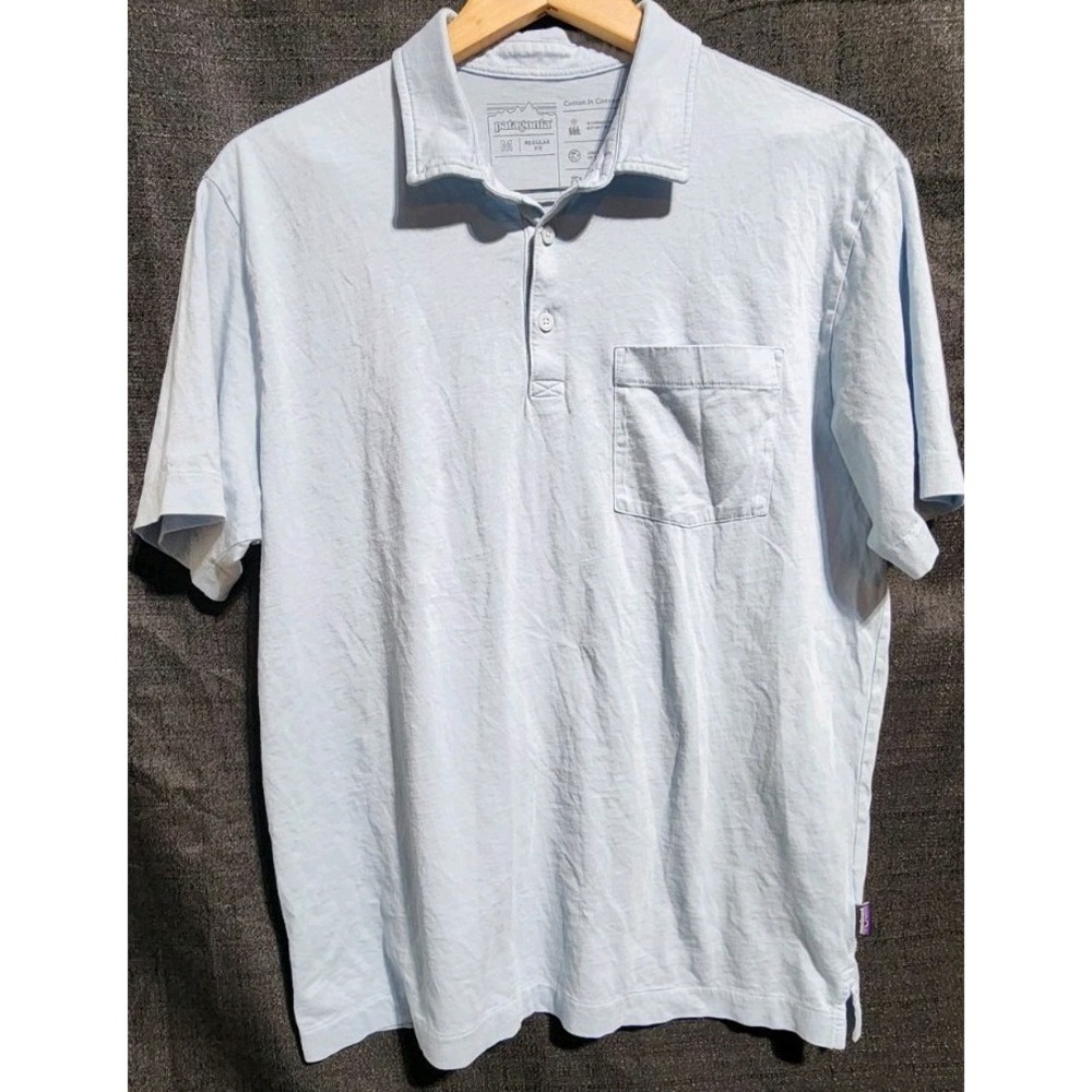 Patagonia Polo Shirt Mens M Light Blue Regular Fit Cotton In Conversion Pocketโ